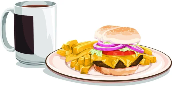 Vektorillustration Der Teetasse Mit Burger Und Pommes Zum Frühstück — Stockvektor
