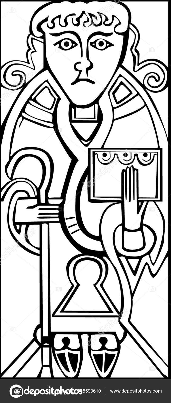 圣路加福音圣路加福音圣路加福音的一个古老的凯尔特符号拿着一本圣经和一根手杖与白色背景隔离, image size:722x1700