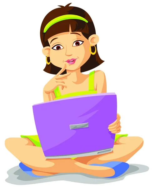 Fille Avec Ordinateur Portable Tablette — Image vectorielle