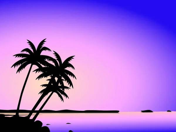 Illustration Silhouetted Tropical Palm Trees Island Calm Sea Purple Sky — Stock Vector