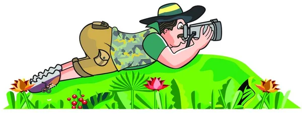 Safari Hunter Lying Ground Looking Binoculars Vector Illustration — Stock Vector