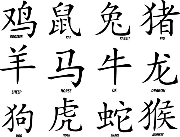 Набор Двенадцати Чернильных Китайских Знаков Зодиака Астрологический Символ Определение Петух — стоковый вектор