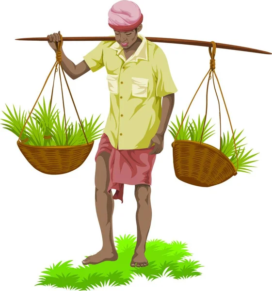 Ilustracja Wektora Ulicznego Sprzedawcy Warzyw Niosącego Kosze Warzywne — Wektor stockowy