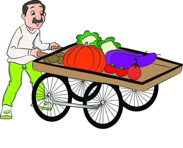 Vektorová Ilustrace Dodavatele Tlačícího Zeleninový Vozík — Stockový vektor