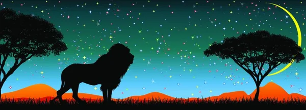Силуэт Африканского Льва Фоне Звездного Неба Деревьев Ночь Луна Африканский — стоковый вектор