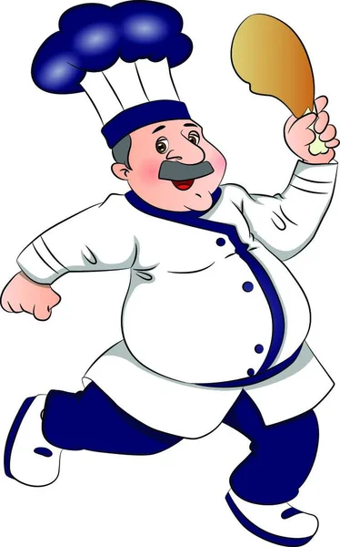 Ilustración Vectorial Chef Corriendo Pieza Pierna Pollo Mano — Archivo Imágenes Vectoriales