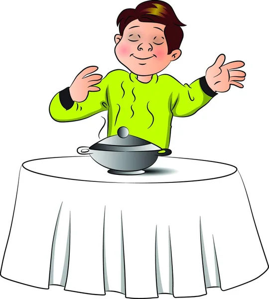 Векторна Ілюстрація Задоволеного Хлопчика Який Пахне Їжею Мисці Над Столом — стоковий вектор