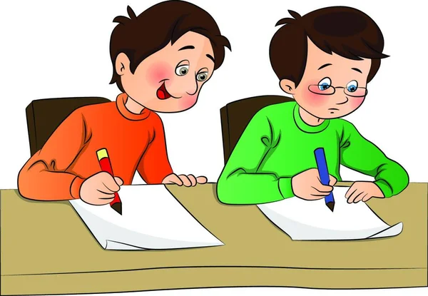 Vector Illustration Boy Copying Other Student Paper Examination — Stock Vector