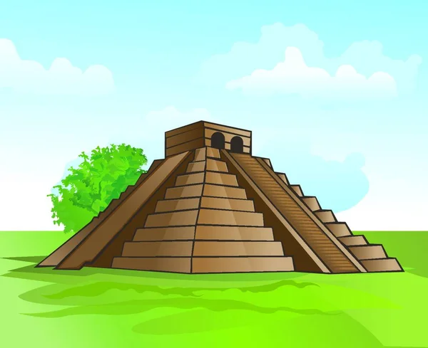 Pirámide Maya Medio Una Exuberante Vegetación Cielo Azul Ilustración Vectorial — Archivo Imágenes Vectoriales