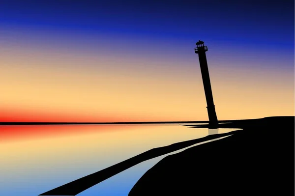 Afbeelding Van Een Silhouet Van Een Vuurtoren Bij Zonsondergang — Stockvector