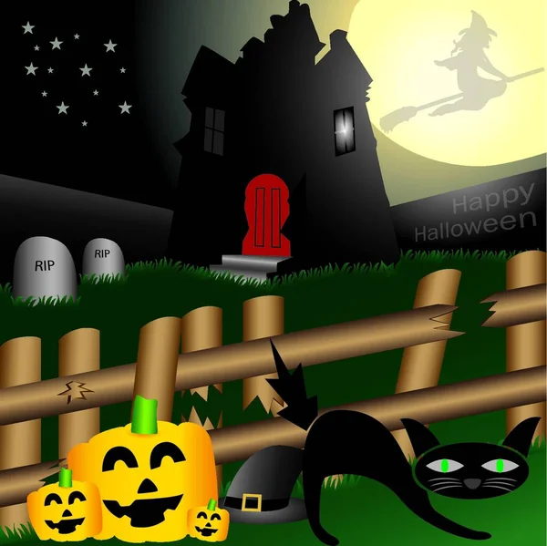 Ilustracja Elementów Typowych Halloween Tym Dynie Czarnego Kota Nawiedzony Dom — Wektor stockowy