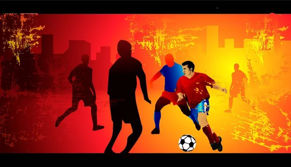 Futebol Jogadores Campo Meio Cidade Ilustração Vetorial — Vetor de Stock