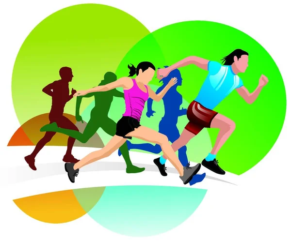 Běh Muži Ženy Běží Vektorová Ilustrace — Stockový vektor