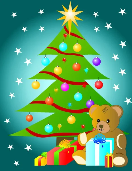 Gestylter Weihnachtsbaum Mit Sternenhimmel Teddybär Und Geschenken Voller Vektor — Stockvektor