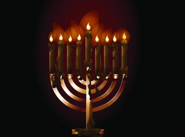 Menorah Candelabro Nove Ramificações Com Velas Acesas Ilustração Vetorial — Vetor de Stock