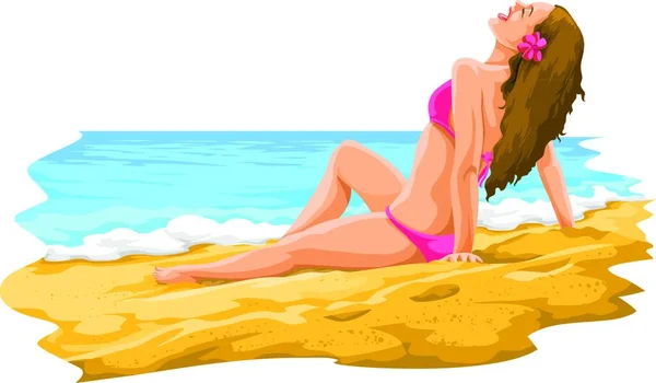 Illustration Vectorielle Jeune Femme Sexy Bikini Bronzage Plage — Image vectorielle