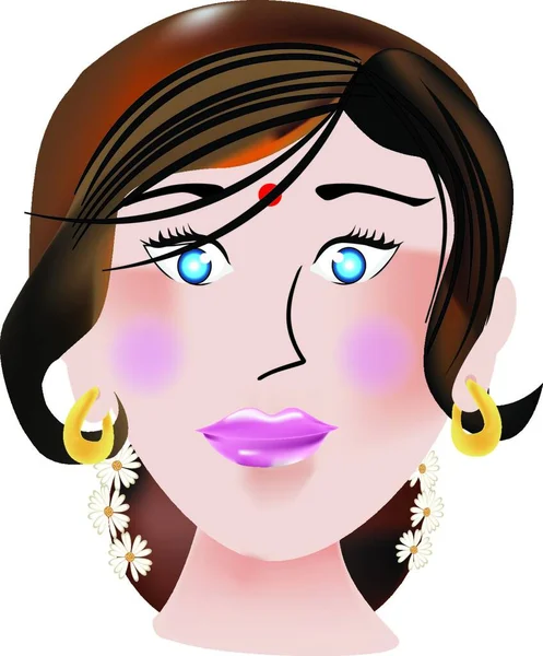 Visage Indien Femelle Bindi Sur Front Yeux Bleus Boucles Oreilles — Image vectorielle