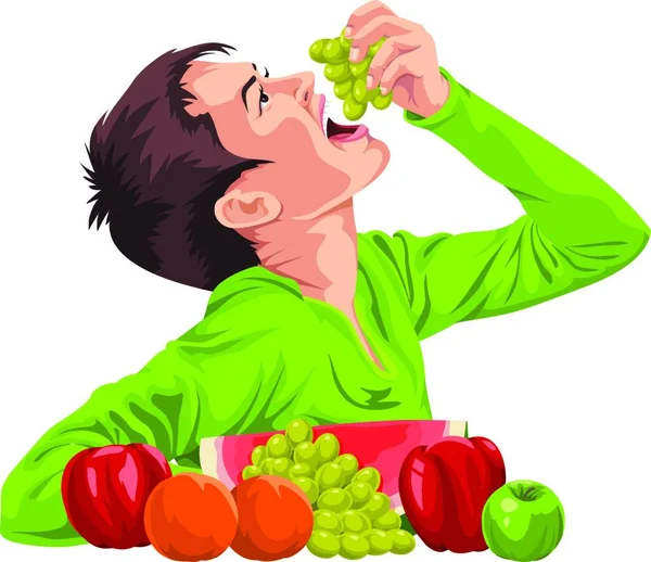 Vector Illustration Young Boy Eating Fresh Grapes — Stock Vector