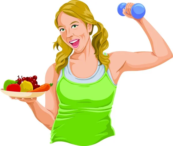 Vector Illustration Fit Young Woman Posing Dumbbell Fruit Plate — Stock Vector