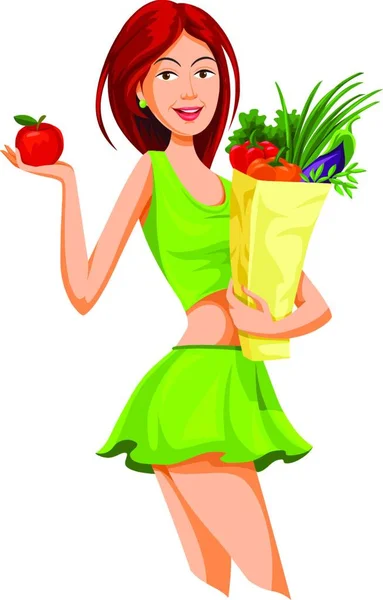关于漂亮女人拿着一个苹果和一个装满新鲜蔬菜的购物袋的病媒图片 — 图库矢量图片