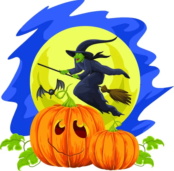 Векторная Иллюстрация Хэллоуинских Тыкв Летающей Ведьмы Перед Луной — стоковый вектор