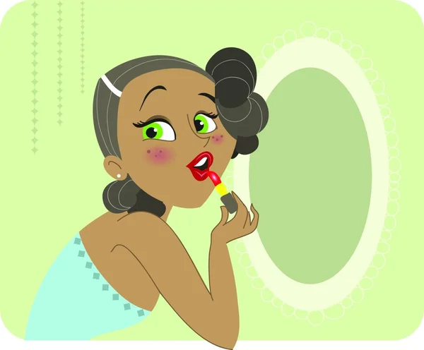 鏡の前に口紅を適用するかわいい暗い肌のブルネットの女性は 大きな緑の目で ベクターイラスト — ストックベクタ