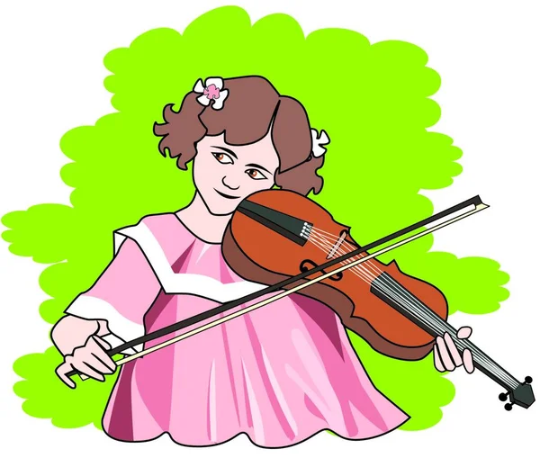 Mädchen Spielt Geige Rosa Kleid Mit Blumen Haar Vektorillustration — Stockvektor