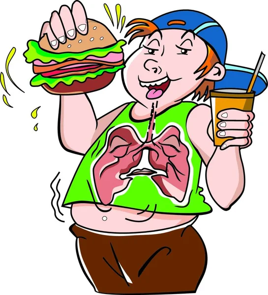 Dikke Tiener Met Hamburger Sandwich Drank Slecht Voor Longen Vectorillustratie — Stockvector