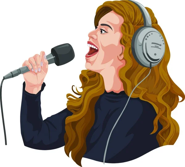 Εικονογράφηση Διάνυσμα Της Γυναίκας Τραγουδώντας Και Ακούγοντας Στα Ακουστικά — Διανυσματικό Αρχείο