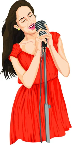Jeune Femme Chantant Avec Microphone Sur Fond Blanc — Image vectorielle
