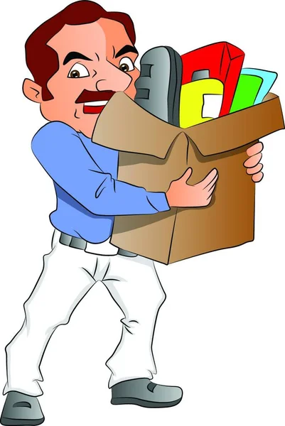 Vector Illustration Man Carrying Carton Box Full Office Supplies — Stock Vector