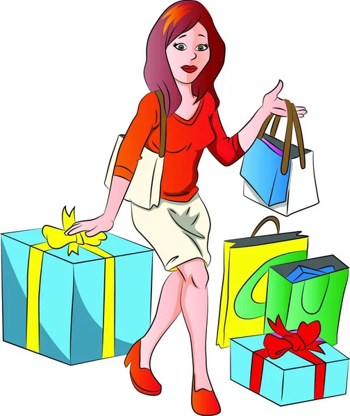 Ilustración Vectorial Hermosa Mujer Joven Con Caja Regalo Bolsas Compras — Vector de stock