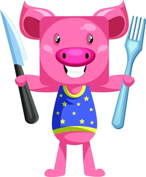 Schwein Mit Messer Und Gabel Illustration Vektor Auf Weißem Hintergrund — Stockvektor