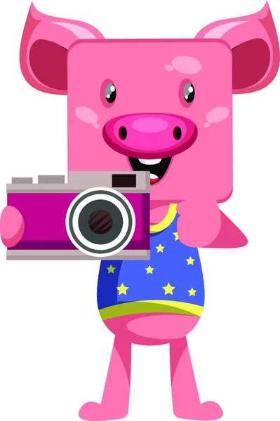 Schwein Mit Kamera Illustration Vektor Auf Weißem Hintergrund — Stockvektor