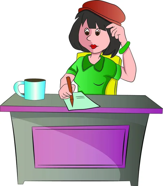 Secretário Mulher Sentado Uma Mesa Ilustração Vetorial — Vetor de Stock