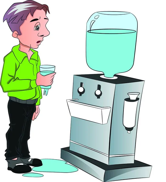 Ilustração Vetor Homem Que Bebe Água Refrigerador Escritório — Vetor de Stock