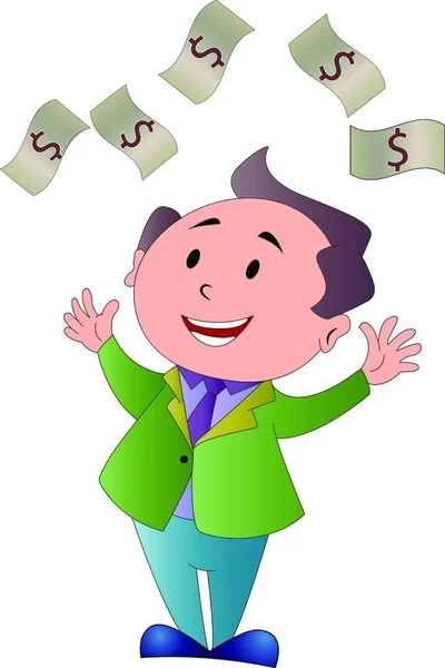 Desenho Animado Menino Feliz Com Saco Dinheiro — Vetor de Stock