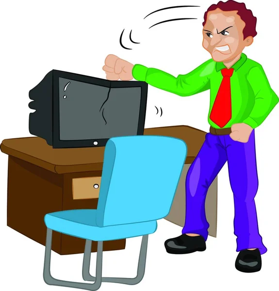 Hombre Enojado Golpeando Televisor Computadora Ilustración Vectorial — Archivo Imágenes Vectoriales