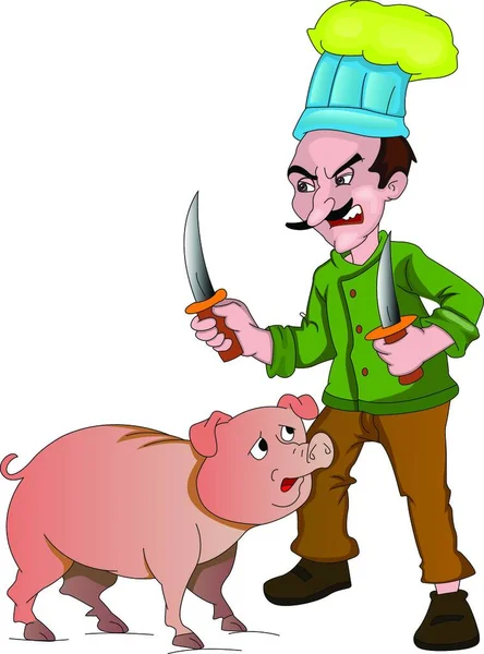 Chef Com Facas Para Cortar Porco Ilustração Vetorial — Vetor de Stock
