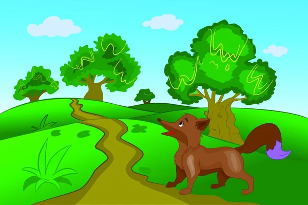 Cartoon Illustration Eines Waldes Mit Einem Grünen Baum — Stockvektor