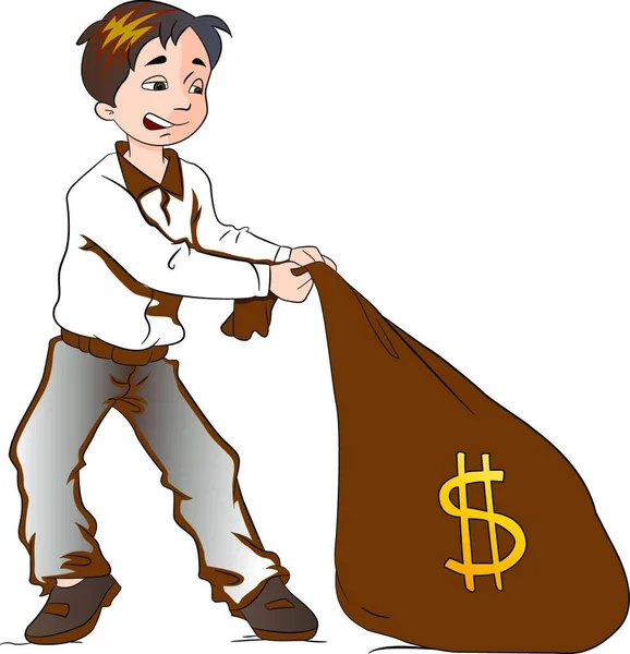 Menino Puxando Saco Dinheiro Ilustração Vetorial — Vetor de Stock