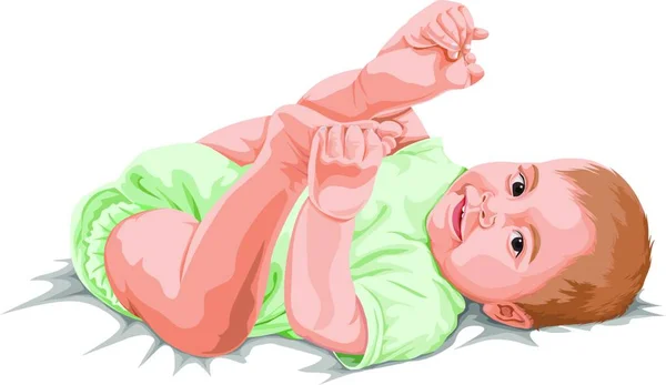 Vector Illustration Cute Little Baby Boy Playing His Feet — Stock Vector