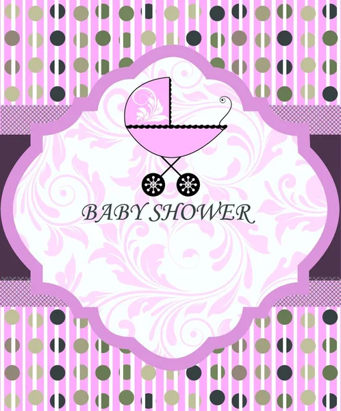 エレガントなレトロな抽象的な花のデザインのヴィンテージベビーシャワー招待カード 赤ちゃんの馬車とポルカドットピンク ベクターイラスト — ストックベクタ