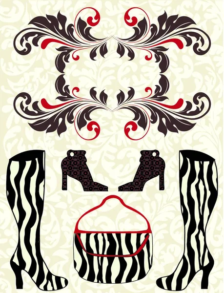 Приглашение Показ Мод Элегантным Ретро Цветочным Дизайном Обувью Сумкой Зебры — стоковый вектор
