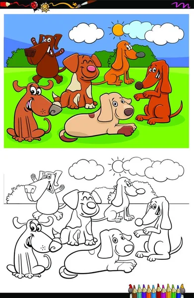 Kreskówka Ilustracja Funny Dogs Puppies Postacie Zwierząt Grupa Kolorowanki Księga — Wektor stockowy