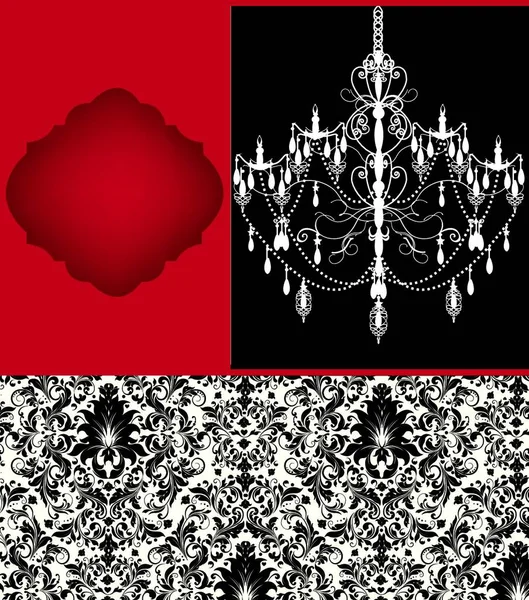 具有华丽典雅抽象花卉图案的老式请柬 白色背景上的黑色花朵 黑色和红色背景上的吊灯 矢量说明 — 图库矢量图片