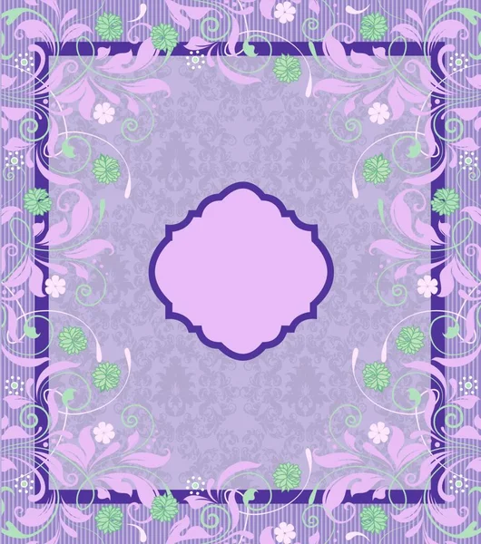 Vintage Uitnodigingskaart Met Sierlijk Abstract Bloemdessin Roze Groene Bloemen Paarse — Stockvector