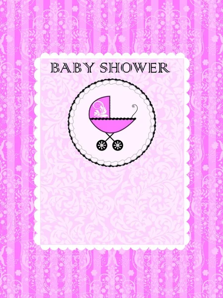 ケーキの上のベビーカーと華やかなエレガントな抽象花柄 ピンク ストライプ ヴィンテージ赤ちゃんシャワー招待カード ベクトル図 — ストックベクタ
