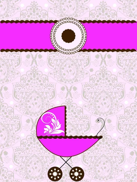 ビンテージ ベビー シャワーの招待状華やかなエレガントな抽象的な花柄のデザインで 乳母車 ケーキ リボンと淡いピンクの灰色 ベクトル図 — ストックベクタ