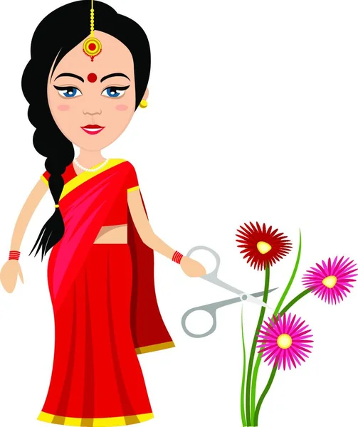 Femme Indienne Avec Des Fleurs Illustration Vecteur Sur Fond Blanc — Image vectorielle